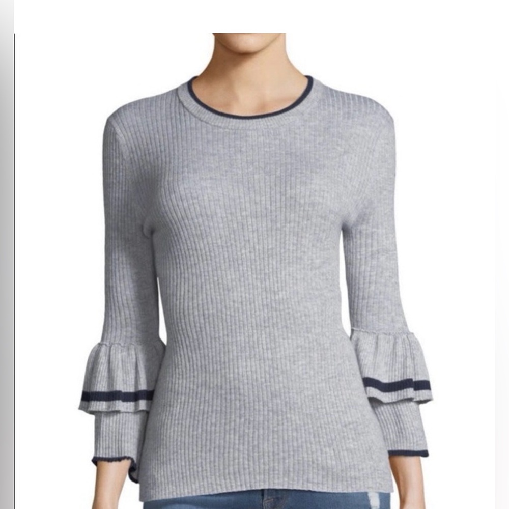 Frame Women’s Wool Long Tiered Sleeves Knit Sweater Wool Blend Size S Gray Navy